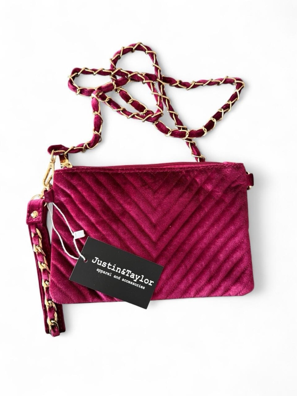 Just...Taylor burgundy Velvet Quilted Crossbody with Gold Chain